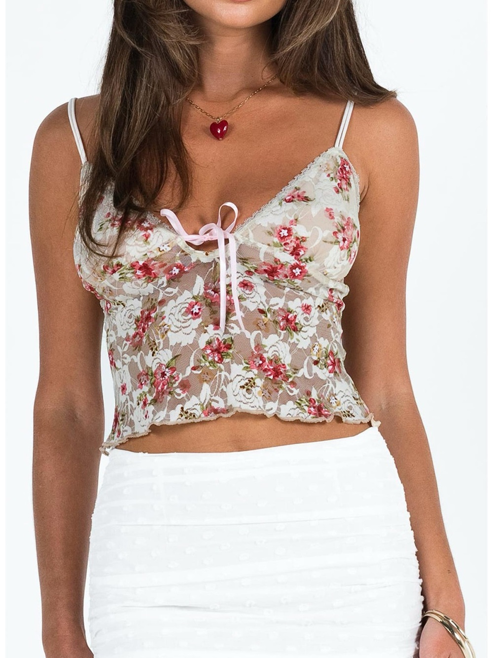 Princess Polly Sheer Floral Lace Cami in Pink & Cream